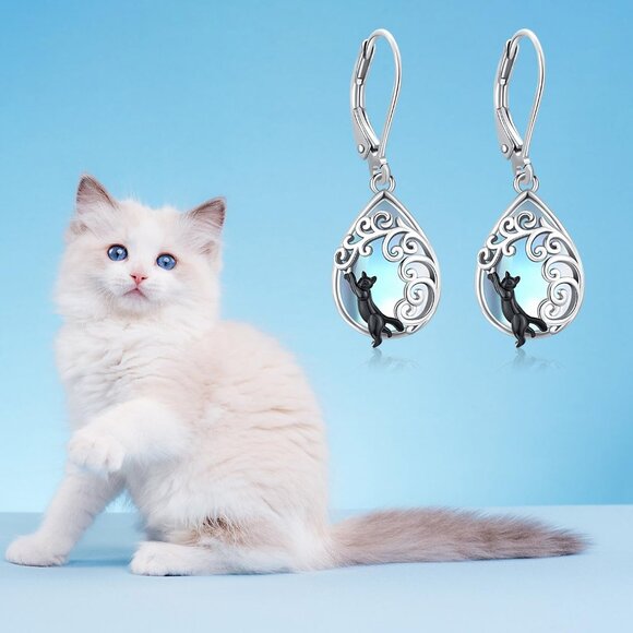 925 Sterling Silver Cat Tree of Life Earrings with Moonstone for Women Jewelry - Picture 3 of 7